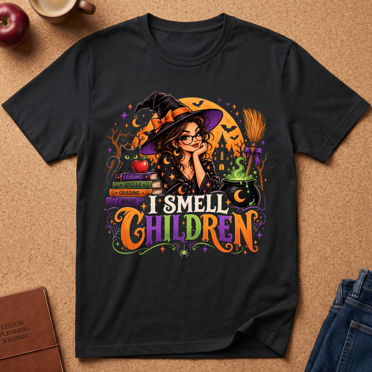 A black graphic t-shirt laid flat on a cork background, featuring a colorful Halloween-themed illustration of a witch with the text 'I SMELL CHILDREN'.