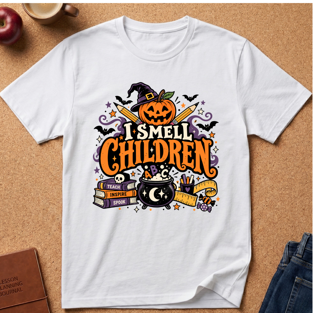 A white short-sleeve graphic T-shirt laid flat on a cork surface, featuring a colorful Halloween-themed print with a jack-o'-lantern, witch hat, bats, cauldron, books, and the phrase 'I SMELL CHILDREN' in large orange letters.