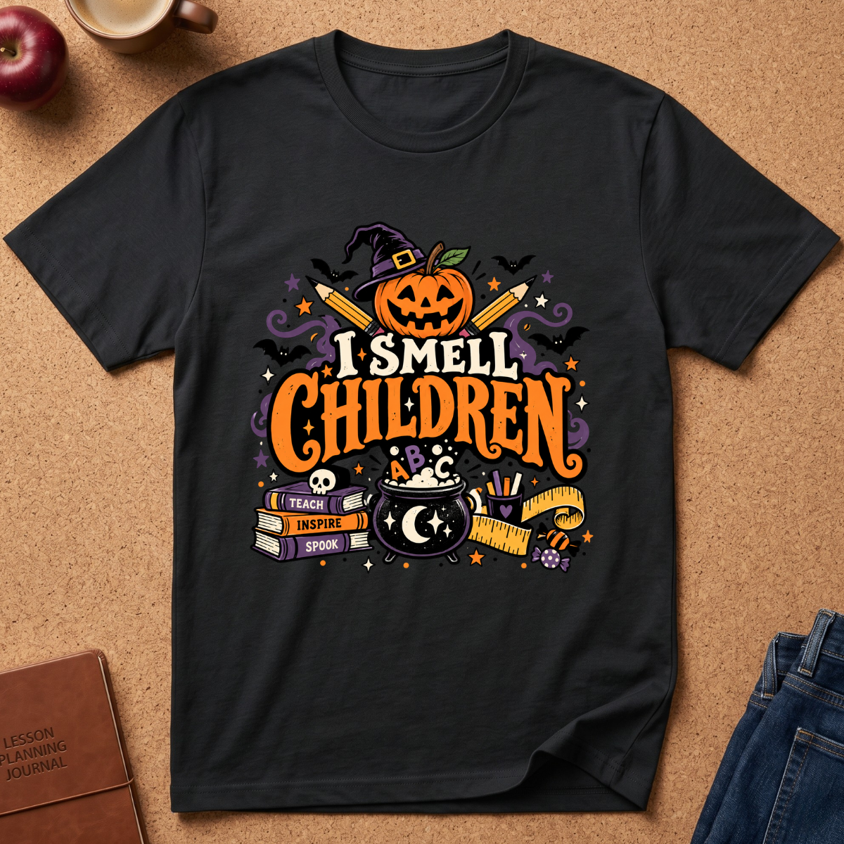 A black graphic t-shirt laid flat on a cork background, featuring a colorful Halloween-themed design with the text 'I SMELL CHILDREN' and illustrations of a jack-o'-lantern, witch hat, cauldron, books, and stars.