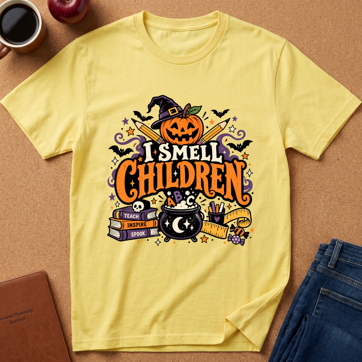 A yellow short-sleeve graphic T-shirt laid flat on a cork surface, featuring a Halloween-themed print with a jack-o'-lantern, witch hat, bats, cauldron, books, and the phrase 'I SMELL CHILDREN' in large orange letters. A coffee mug, apple, notebook, and jeans are partially visible around it as styling props.