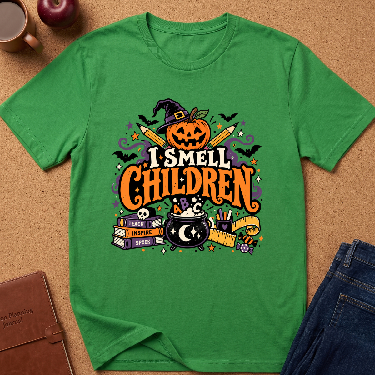 A green short-sleeve t-shirt with a colorful Halloween graphic that reads 'I SMELL CHILDREN' in stylized orange and white lettering. The graphic includes a jack-o'-lantern, witch hat, cauldron, books, bats, and stars.