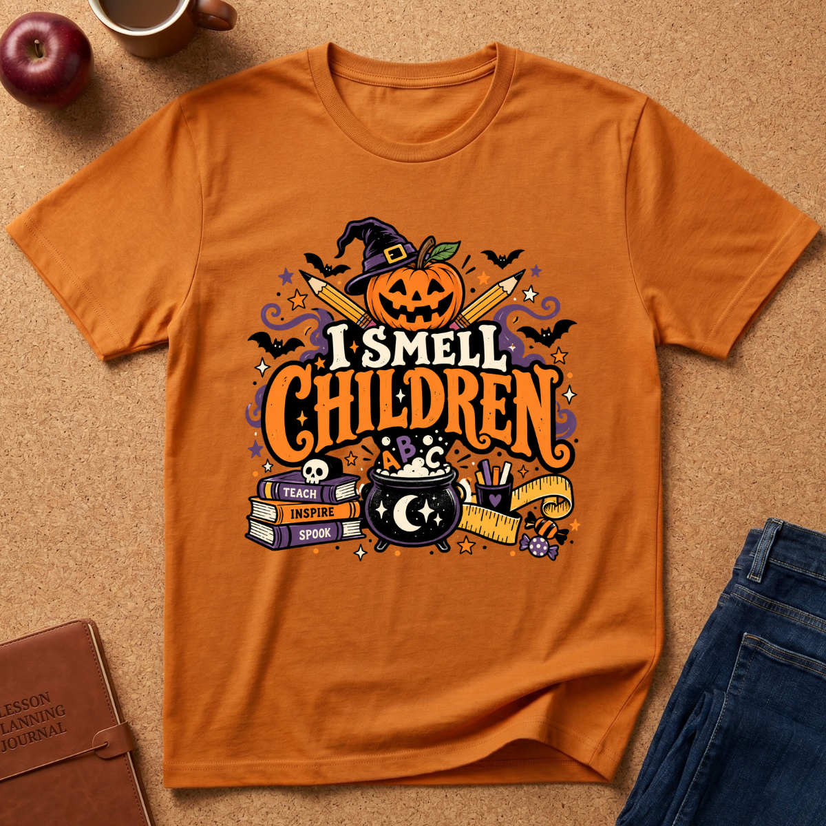 An orange short-sleeve t-shirt with a colorful Halloween graphic that reads 'I SMELL CHILDREN' in stylized lettering, featuring a jack-o'-lantern, witch hat, cauldron, books, and bats, laid flat on a cork surface with partial jeans, an apple, and a mug visible around it.