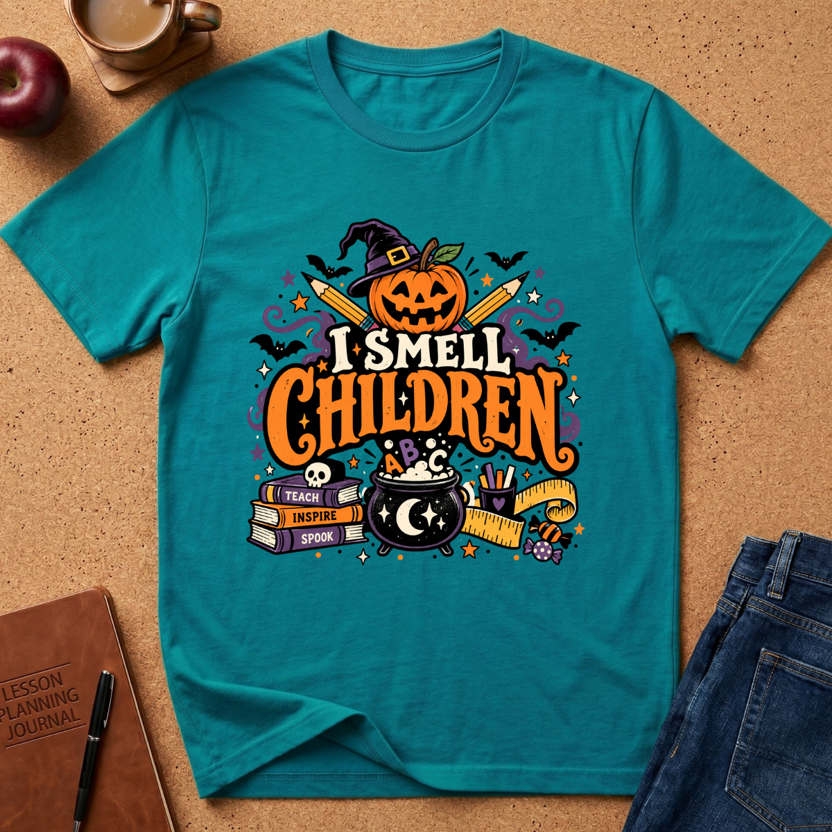 A teal short-sleeve graphic T-shirt laid flat on a cork surface, surrounded by styled props including an apple, coffee cup, notebook, and jeans. The shirt features a large Halloween-themed front print with a jack-o'-lantern, witch hat, cauldron, books, bats, stars, and the phrase “I SMELL CHILDREN” in orange and white lettering.