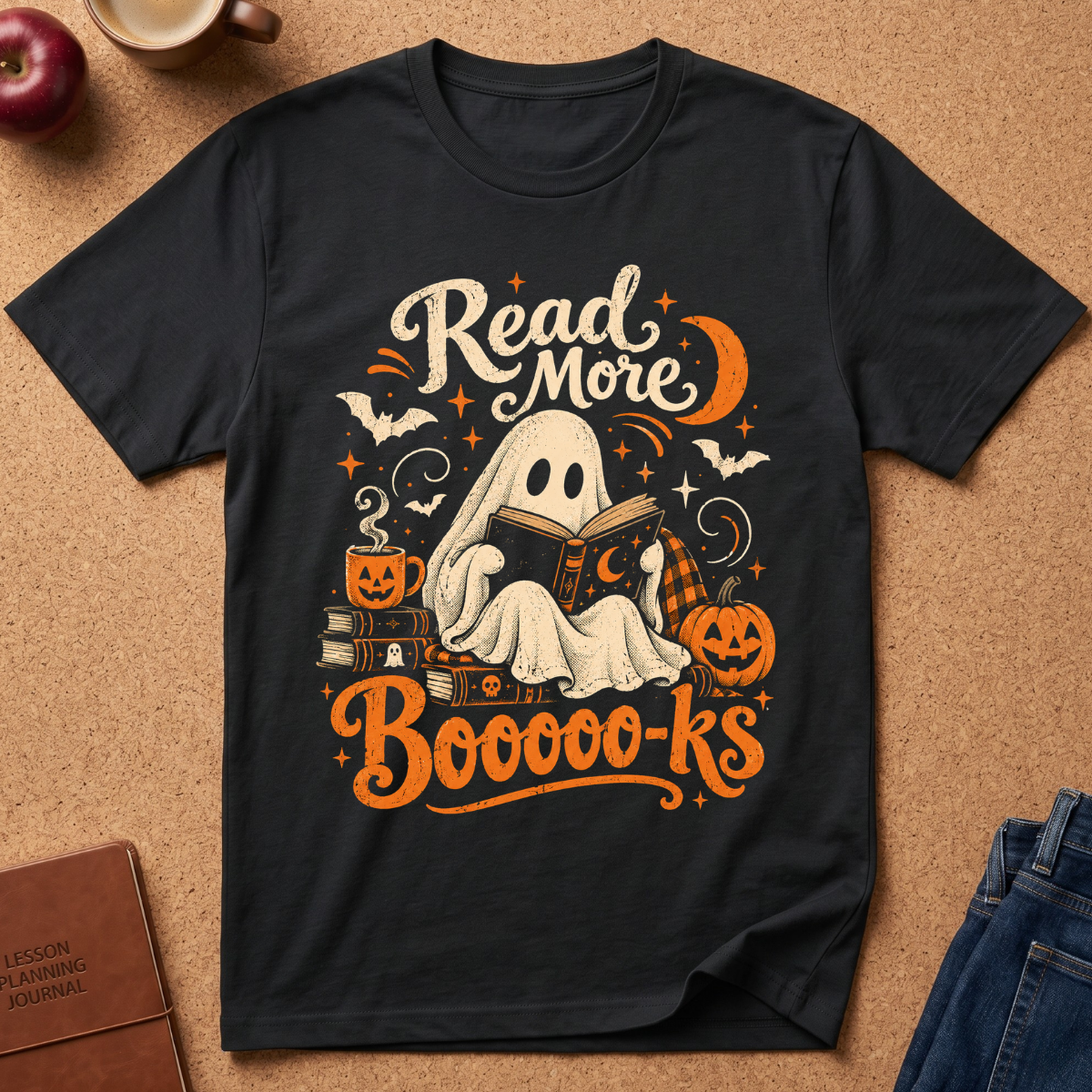 A black graphic t-shirt laid flat on a cork background, featuring a Halloween-themed design with a ghost reading a book, pumpkins, bats, stars, and the text 'Read More Booooo-ks'.