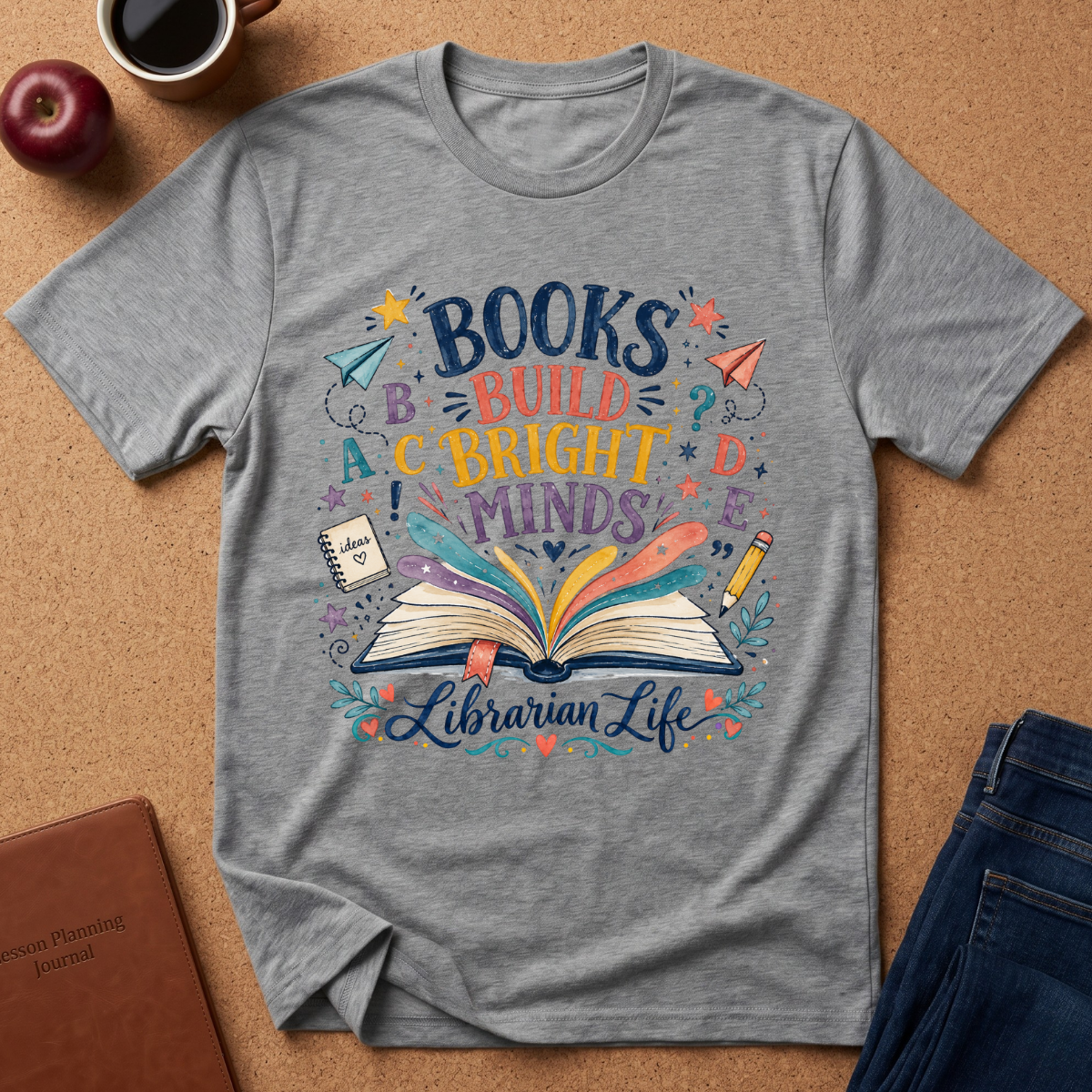 A heather gray graphic t-shirt laid flat on a cork background, featuring a colorful illustration of an open book with rainbow pages and the text 'BOOKS BUILD A BRIGHT MINDS! Librarian Life'. Styled flat-lay props include a coffee cup, apple, notebook, and jeans.