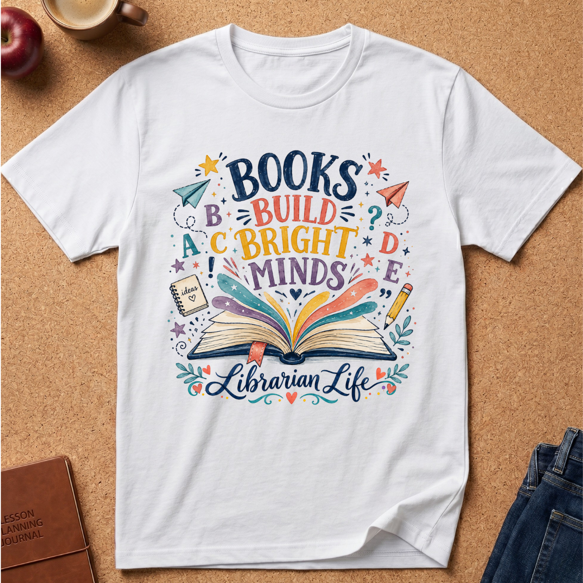 A white short-sleeve graphic T-shirt laid flat on a cork surface, featuring a colorful book-themed design with the phrase 'Books Build A Bright Mind' and 'Librarian Life.' The shirt is styled with partial props including an apple, a coffee cup, a lesson planning journal, and jeans.