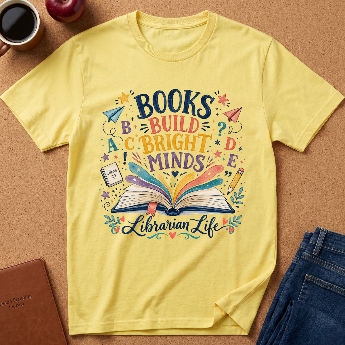 A yellow short-sleeve graphic T-shirt laid flat on a cork surface, surrounded by lifestyle props including a coffee cup, apple, notebook, and jeans. The shirt features a colorful printed design with the words 'BOOKS BUILD BRIGHT MINDS' and 'Librarian Life' around an open book illustration.