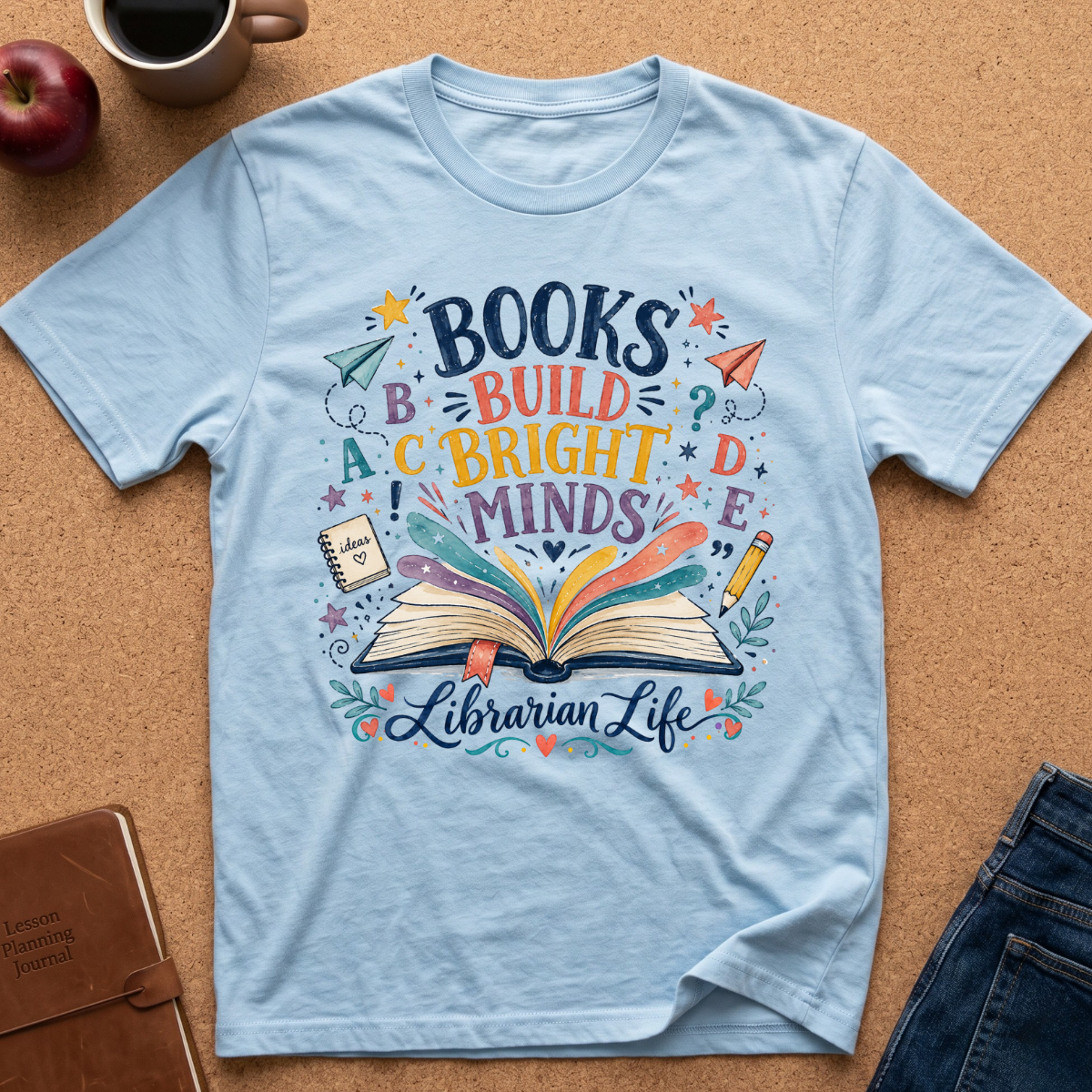 Light Blue short-sleeve graphic T-shirt laid flat on a cork surface, surrounded by lifestyle props including a coffee cup, apple, notebook, and jeans. The shirt features a colorful printed design with the words 'BOOKS BUILD BRIGHT MINDS' and 'Librarian Life' around an open book illustration.
