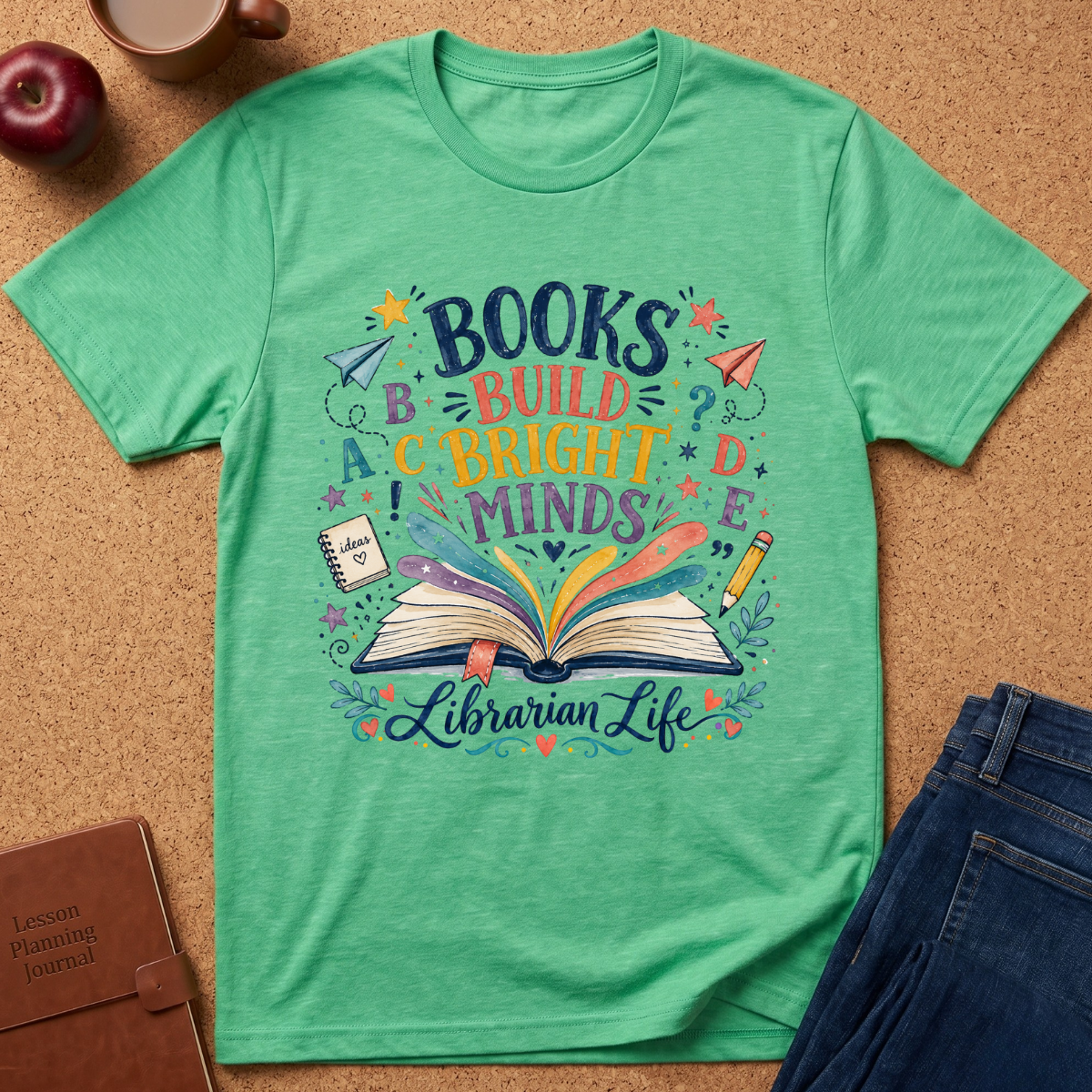 Hether green short-sleeve graphic T-shirt laid flat on a cork surface, surrounded by lifestyle props including a coffee cup, apple, notebook, and jeans. The shirt features a colorful printed design with the words 'BOOKS BUILD BRIGHT MINDS' and 'Librarian Life' around an open book illustration.
