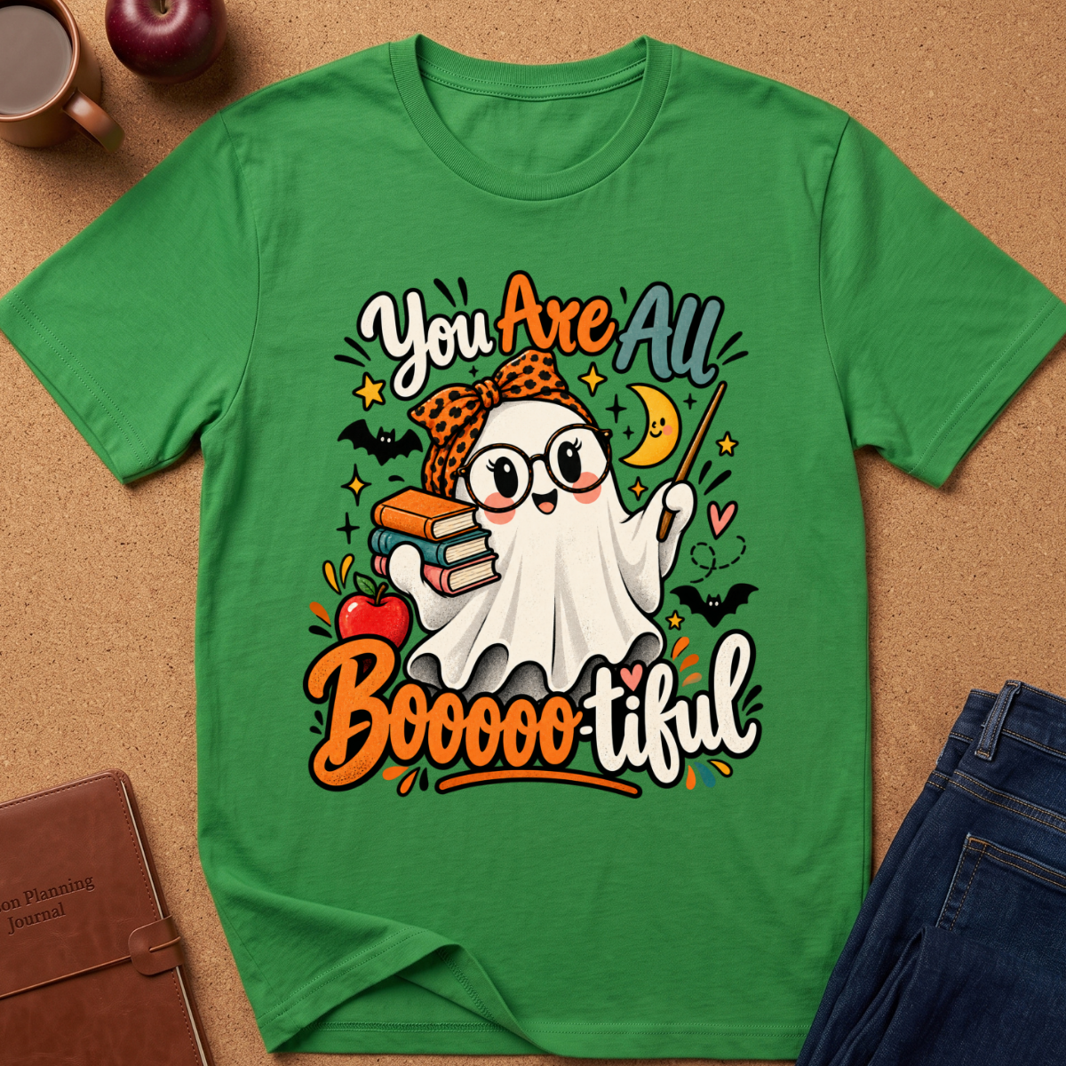 A green short-sleeve graphic T-shirt laid flat on a cork surface, surrounded by styled props including a coffee mug, apple, notebook, and jeans. The shirt features a cartoon ghost wearing glasses and a leopard-print headband, holding books and a wand, with the text 'You Are All Boooooofical' in orange, white, and black.