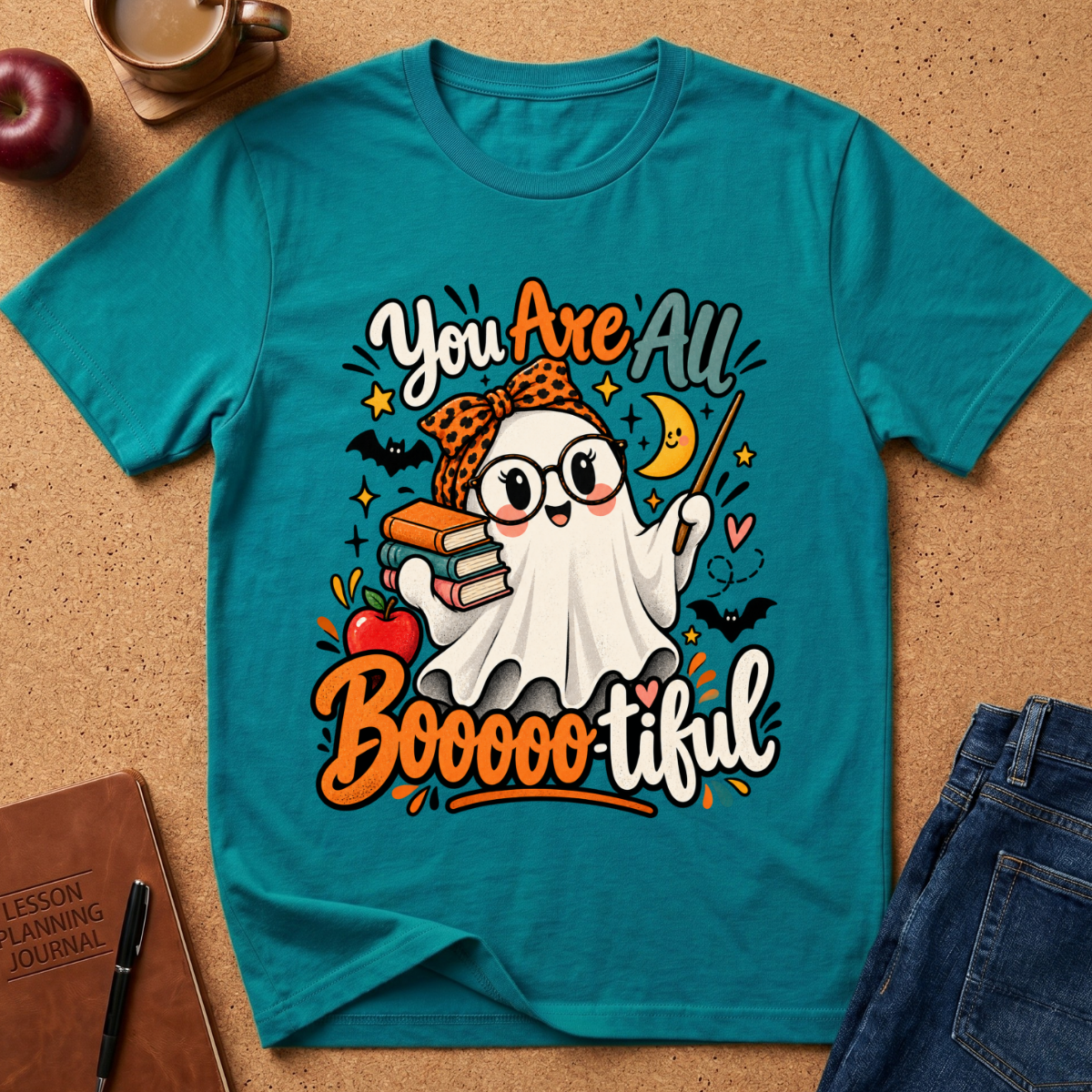 A teal graphic t-shirt laid flat on a cork surface, featuring a cute ghost illustration with books, a witch hat, bats, stars, and the text 'You Are All Boooooofical'. Styled flat-lay props include an apple, a coffee cup, a notebook, and jeans.