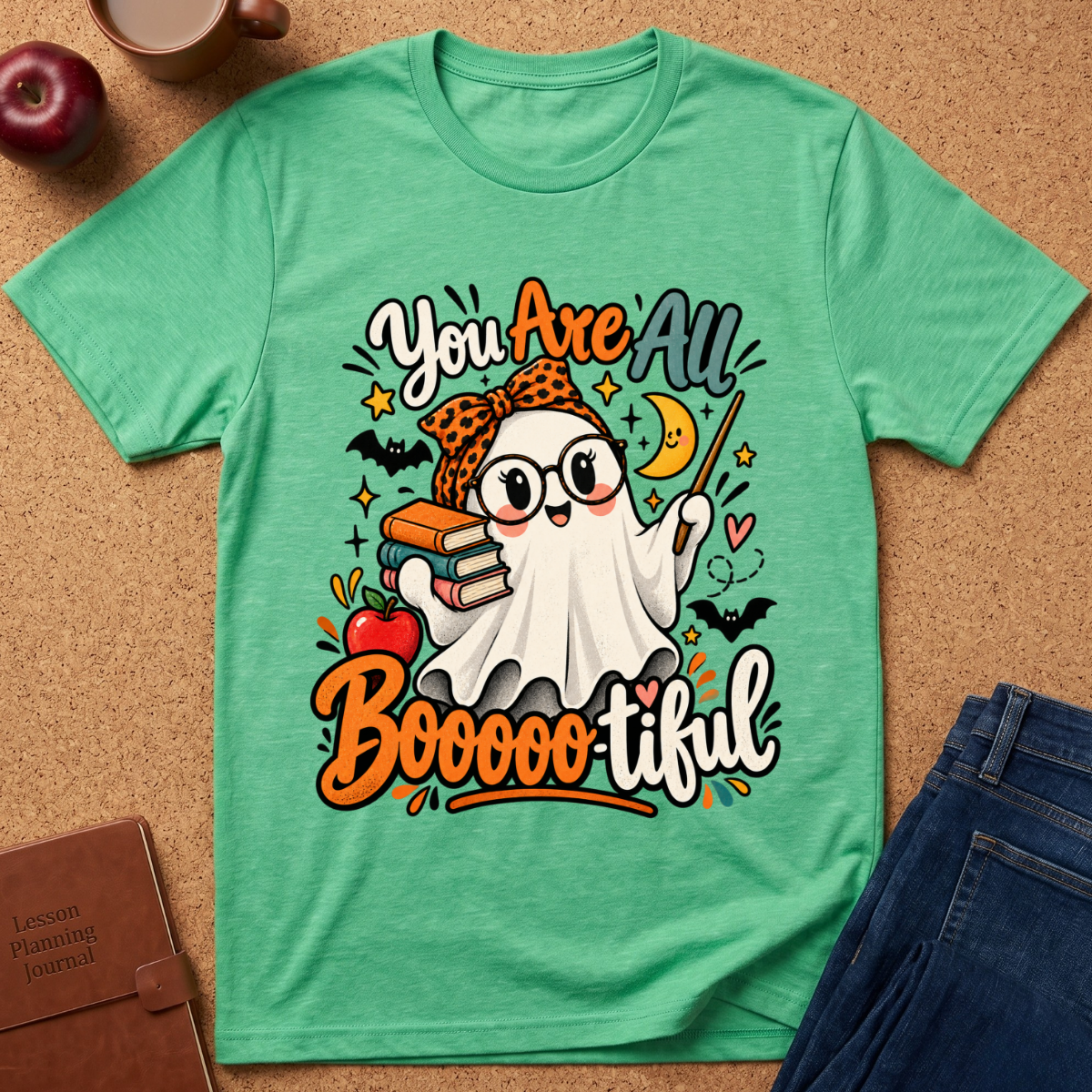 A mint green graphic t-shirt laid flat on a cork background, featuring a cute cartoon ghost wearing glasses and a leopard-print headband, surrounded by Halloween-themed elements like books, an apple, bats, and the text 'You Are All Boooooofical'.