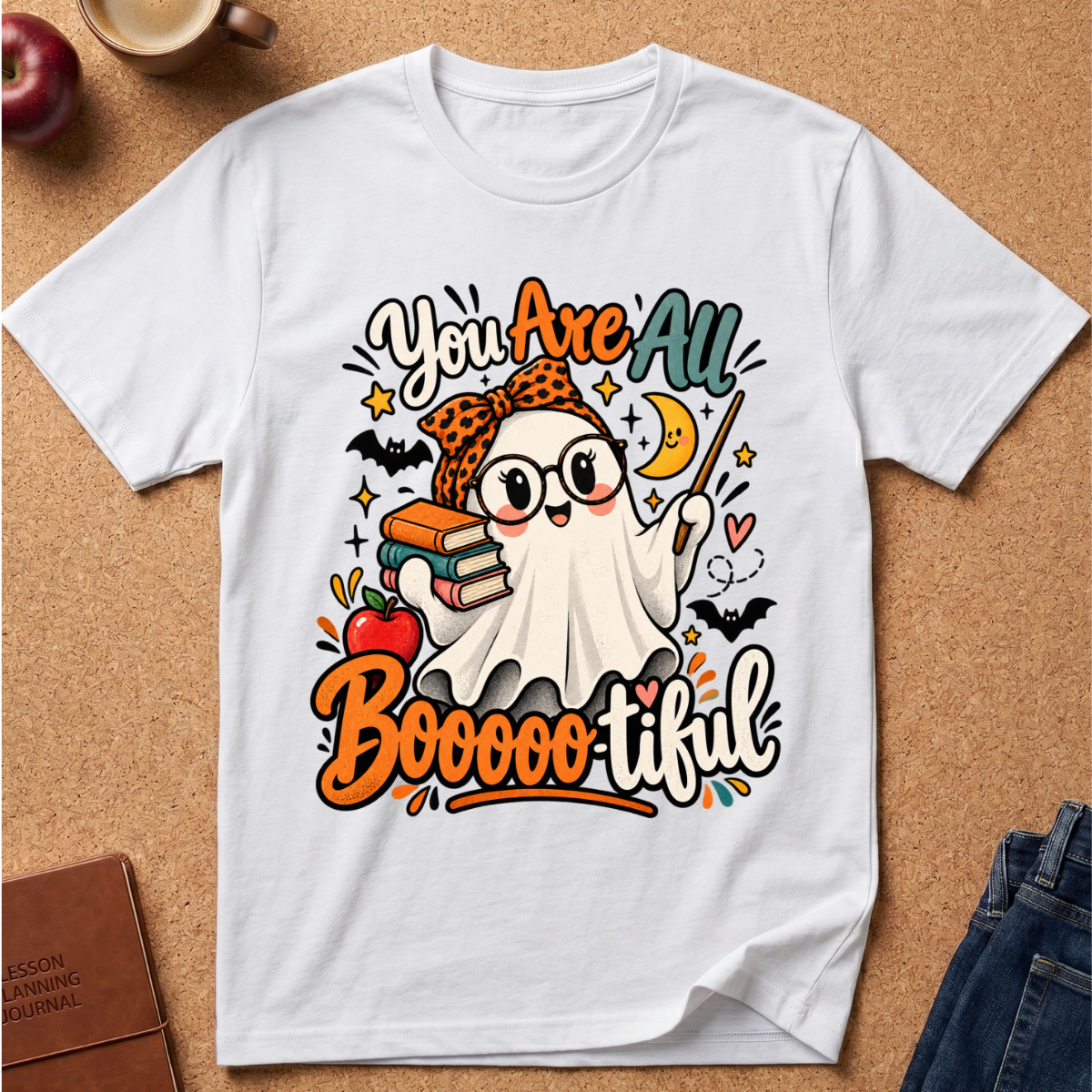 A white short-sleeve graphic T-shirt laid flat on a cork background, featuring a Halloween-themed cartoon ghost with books, bats, stars, and the text 'You Are All Boooooofical.' Surrounding props include an apple, a cup, a journal, and folded jeans.