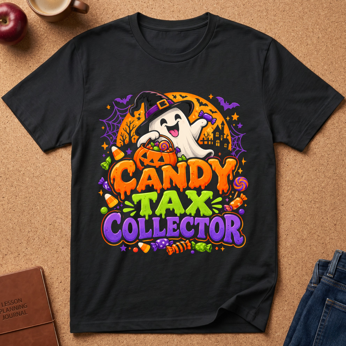 A black short-sleeve graphic T-shirt laid flat on a cork surface, featuring a colorful Halloween design with a ghost, pumpkin, bats, candy corn, and the text 'CANDY TAX COLLECTOR.' Partial props around the shirt include an apple, a cup, a journal, and jeans.