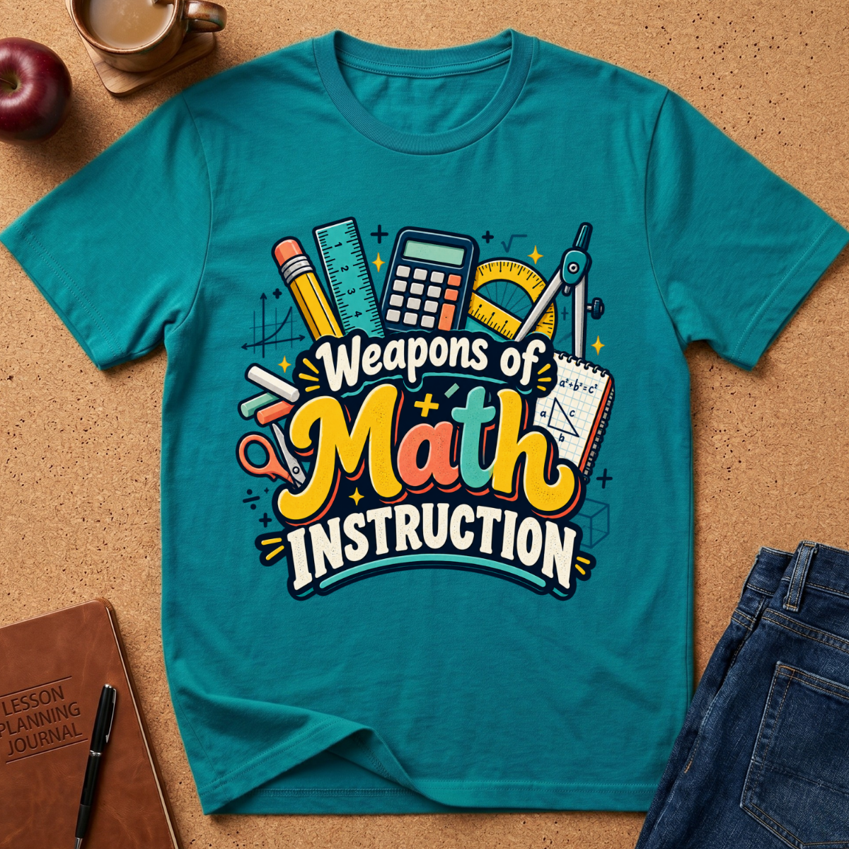 A teal short-sleeve graphic T-shirt laid flat on a cork surface, surrounded by school and study props including a pencil, notebook, apple, coffee cup, and jeans. The shirt features a large colorful graphic reading “Weapons of Math Instruction” with illustrated math tools and stars.