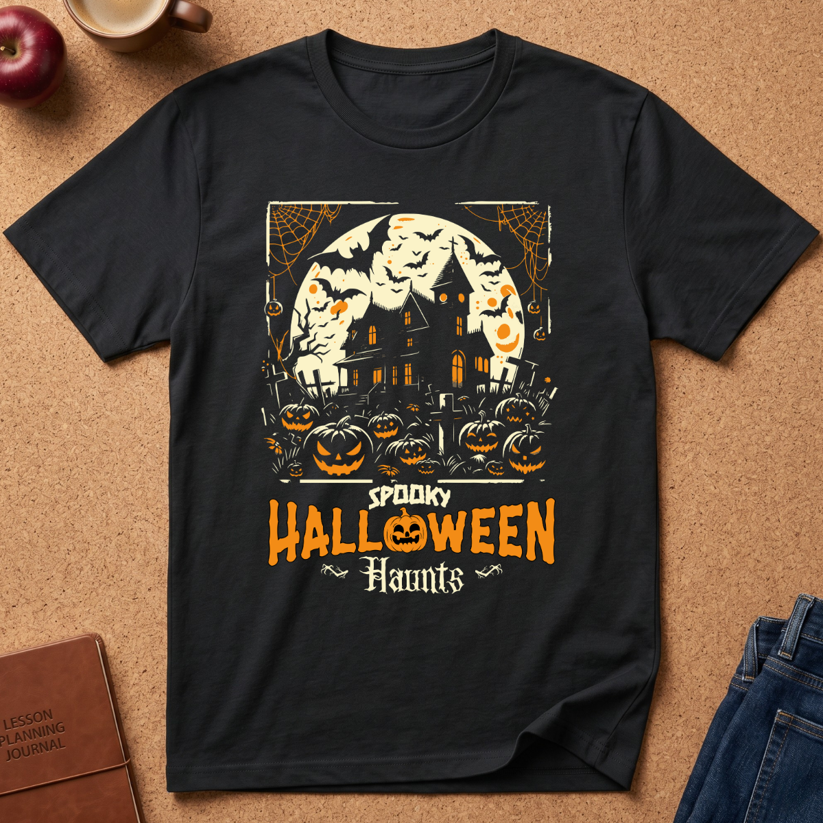 Back graphic t-shirt with spooky haunted house and jackolanterns and bats.  Says Spooky Halloween Haunts 