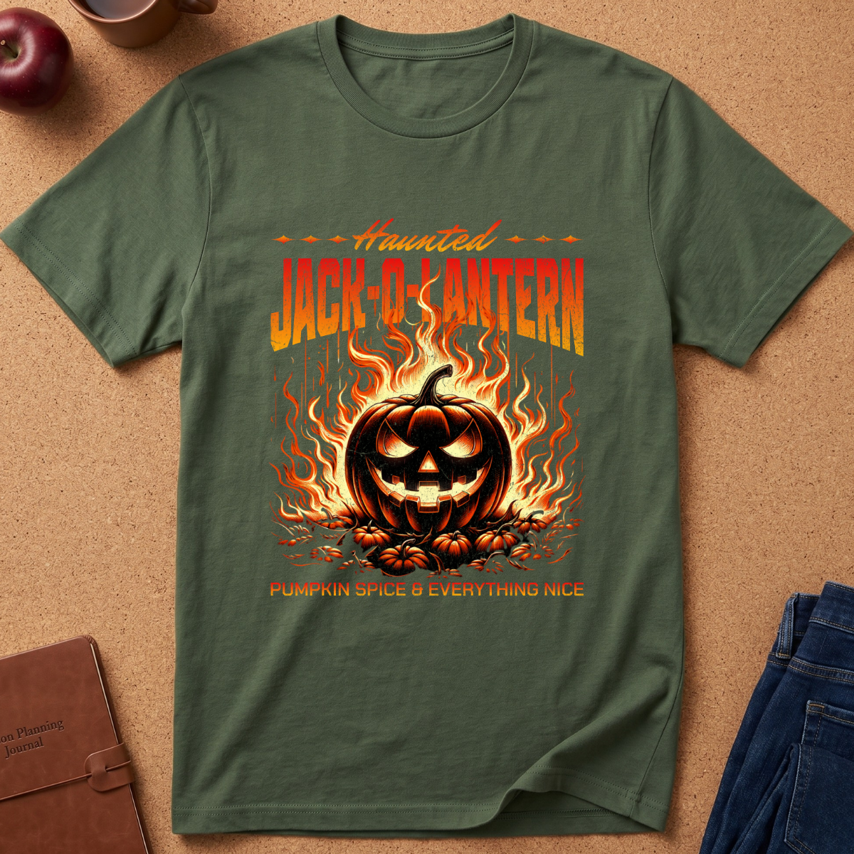 military Green graphic tee with an image of a burning jack o lantern and the phrase Haunted Jack-O-Lantern, Pumpkin spice and everything nice