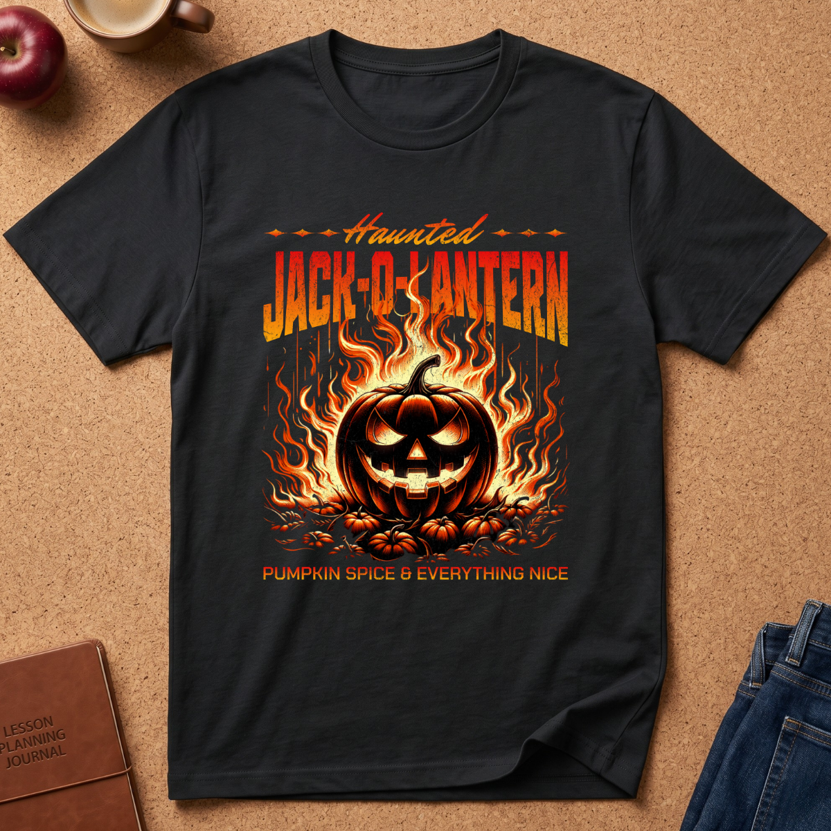 Black  graphic tee with an image of a burning jack o lantern and the phrase Haunted Jack-O-Lantern, Pumpkin spice and everything nice