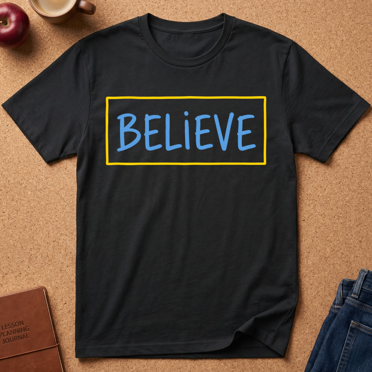Black  Graphic tee wth the text "Believe" in a blue hand drawn font inside a Yellow Rectangle.  