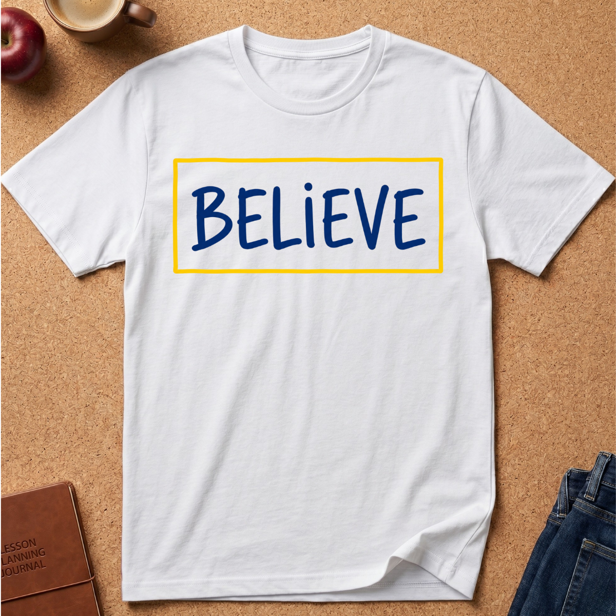 White  Graphic tee wth the text "Believe" in a blue hand drawn font inside a Yellow Rectangle.  