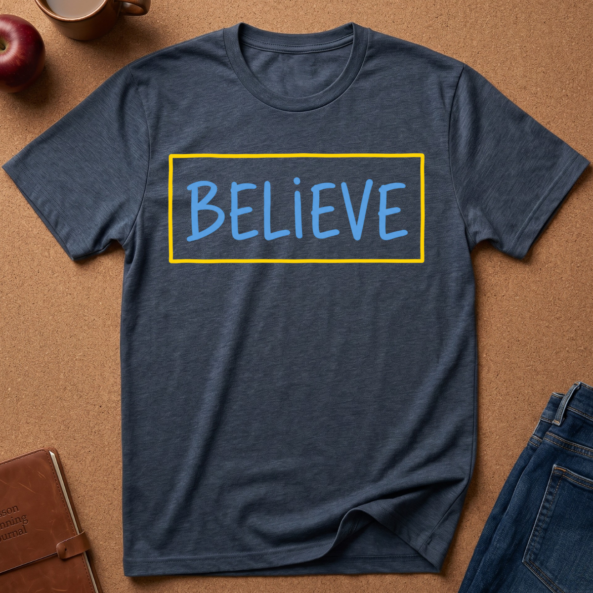 Heather Navy  Graphic tee wth the text "Believe" in a blue hand drawn font inside a Yellow Rectangle.  