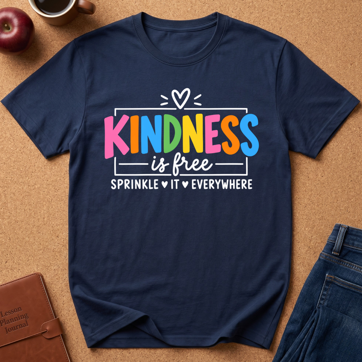 A navy blue graphic t-shirt laid flat on a brown cork background, featuring the text 'KINDNESS is free SPRINKLE IT EVERYWHERE' in colorful and white lettering. The shirt is styled with a brown leather journal, an apple, a coffee mug, and blue jeans.