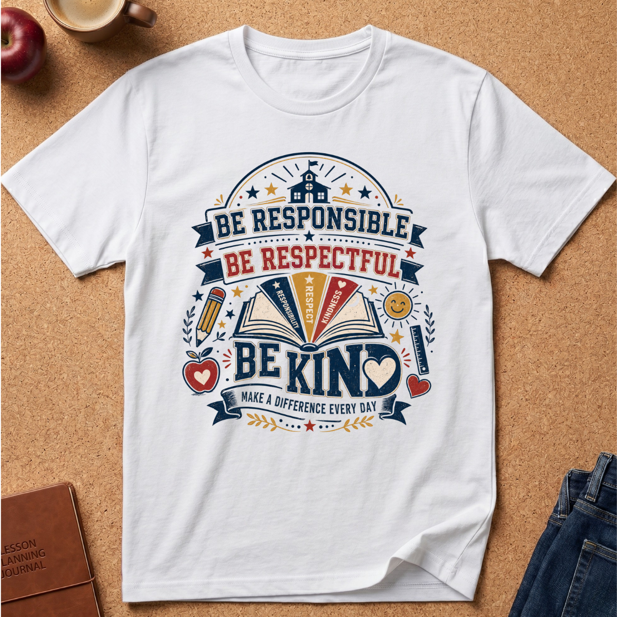 A white short-sleeve graphic T-shirt laid flat on a cork surface, surrounded by small props including an apple, a coffee cup, and jeans. The shirt features a large multicolor school-themed print with the phrases 'BE RESPONSIBLE', 'BE RESPECTFUL', 'BE KIND', and 'MAKE A DIFFERENCE EVERY DAY'.