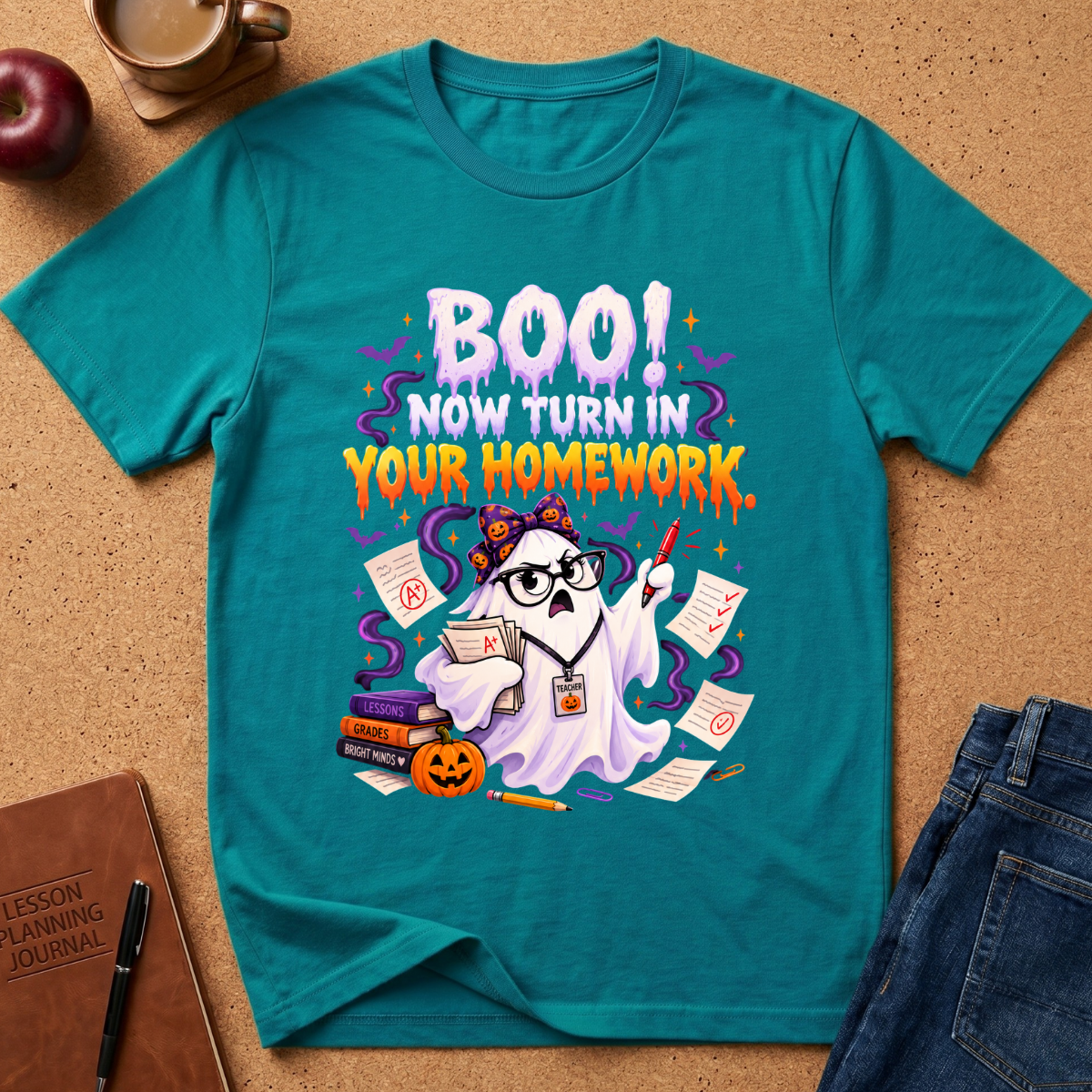 Tropical Blue Graphic short sleeves T-Shirt with a cute ghost looking upset with a red pen and a pile of graded homework, saying BOO, Now Turn In Your Homework.