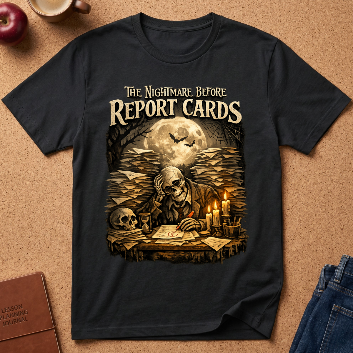 A black graphic t-shirt laid flat on a cork background, featuring a spooky illustration of a skeleton at a desk with report cards, candles, a skull, and a full moon. The text on the shirt reads 'THE NIGHTMARE BEFORE REPORT CARDS'.