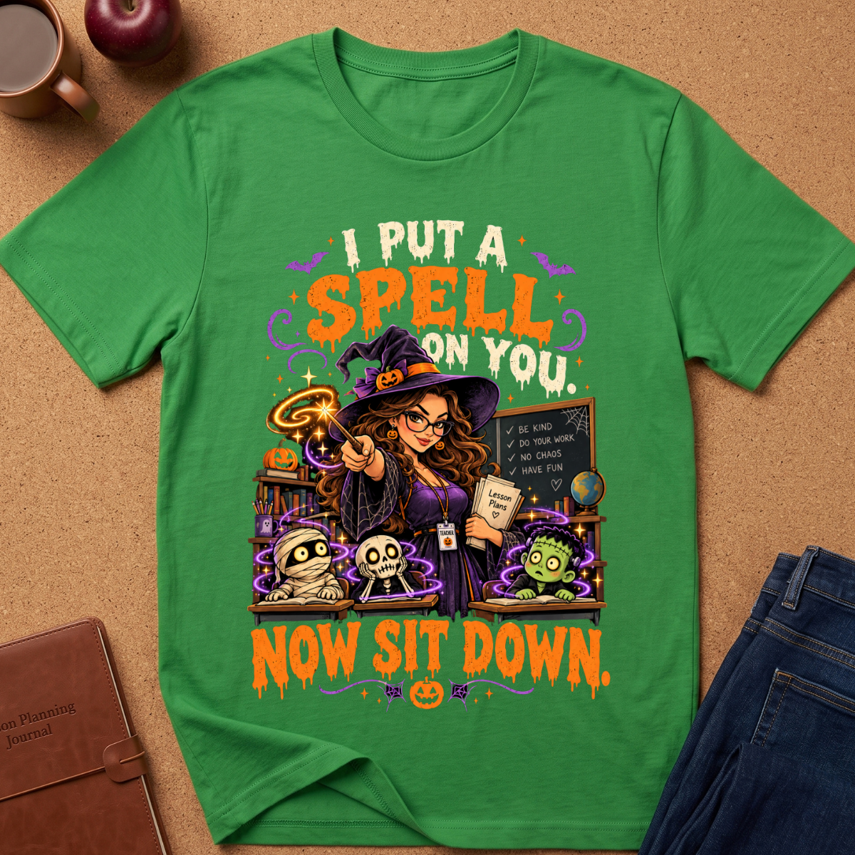 A green short-sleeve graphic T-shirt laid flat on a cork surface, styled with a brown journal, an apple, and blue jeans. The shirt features a colorful Halloween-themed illustration of a witch pointing a wand with the text 'I PUT A SPELL ON YOU.
