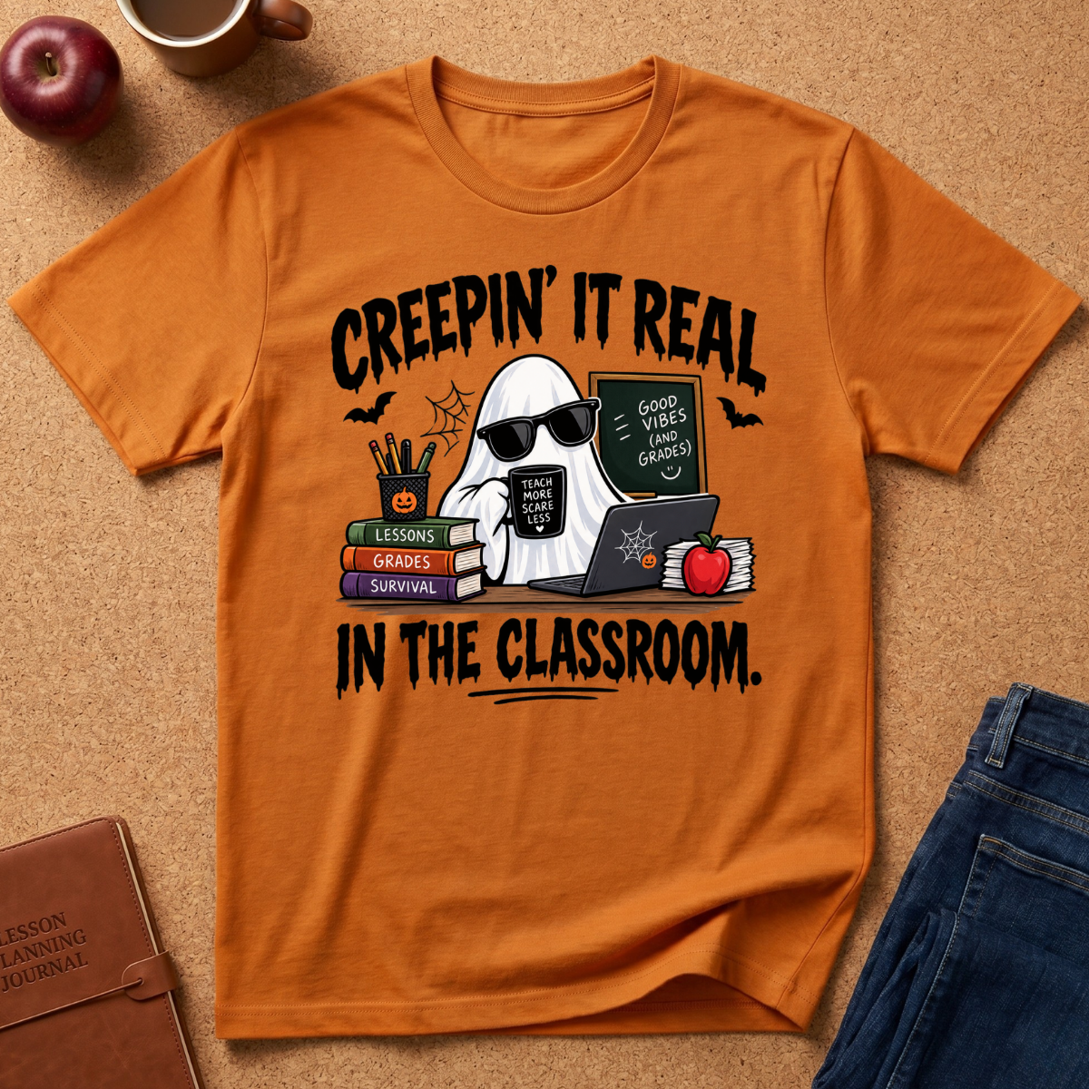 An orange graphic t-shirt laid flat on a cork surface, featuring a Halloween-themed classroom scene with a ghost, books, bats, and the text 'CREEPIN' IT REAL IN THE CLASSROOM.' Blue jeans and a brown notebook are partially visible around it.