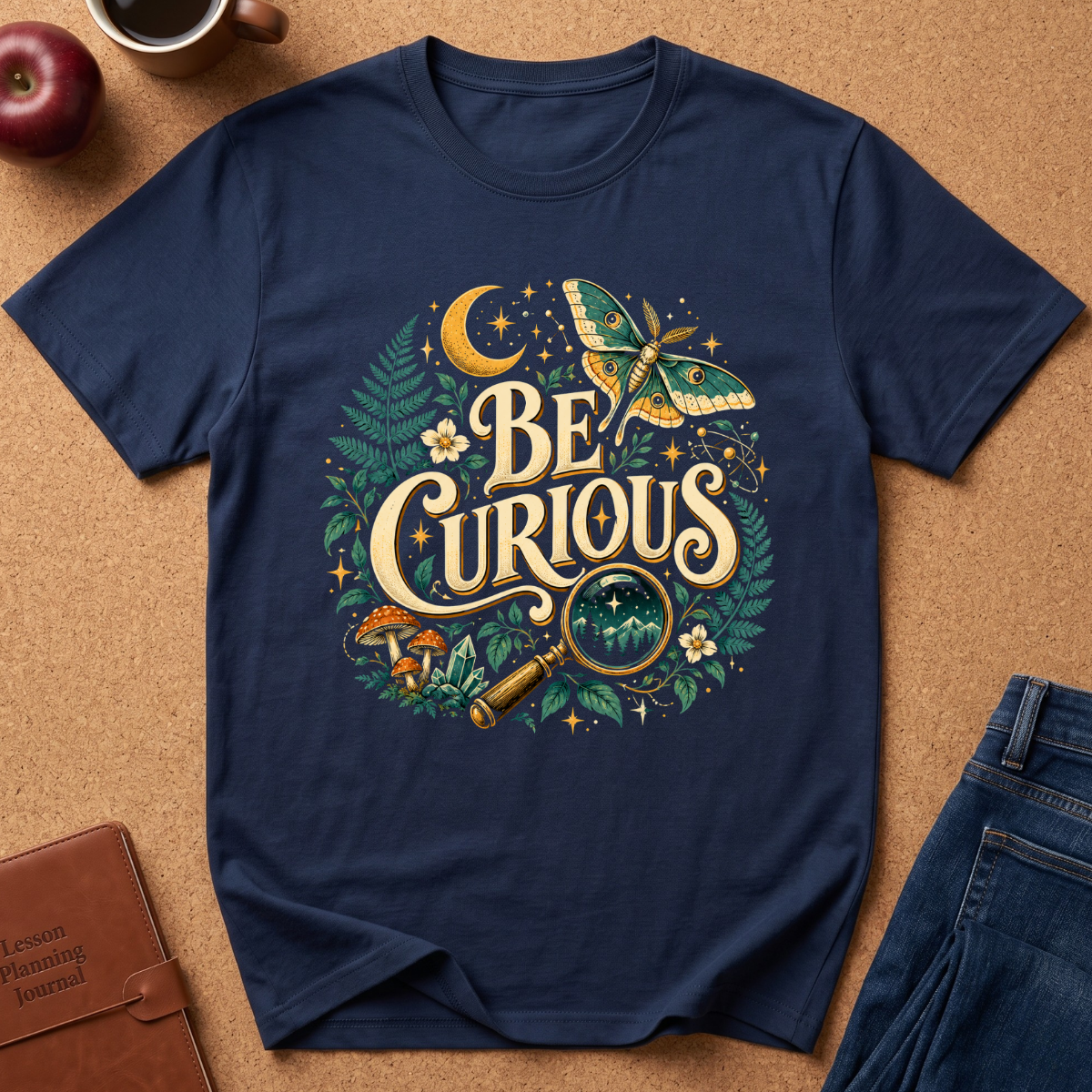 A navy blue graphic t-shirt laid flat on a cork background, featuring a whimsical 'Be Curious' design with a butterfly, magnifying glass, moon, and mushrooms. Styled flat-lay props include an apple, a coffee cup, a brown journal, and blue jeans.