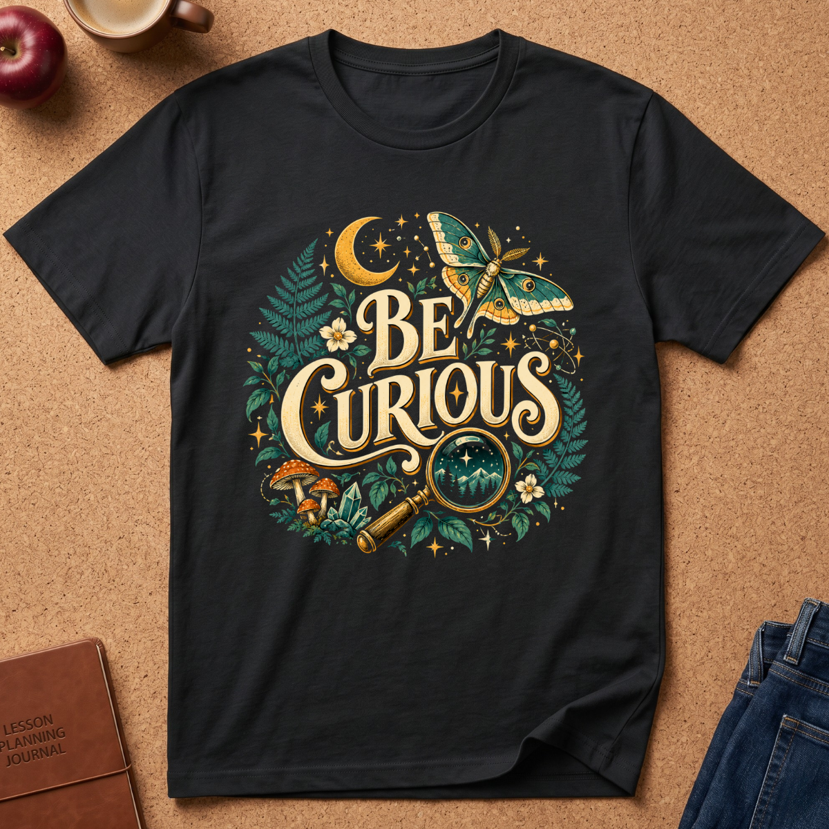 A black short-sleeve graphic T-shirt laid flat on a cork surface, featuring a whimsical illustrated design with the words “BE CURIOUS,” a butterfly, moon, stars, ferns, flowers, mushrooms, and a magnifying glass. Partial props around the shirt include an apple, a mug, a journal, and jeans.