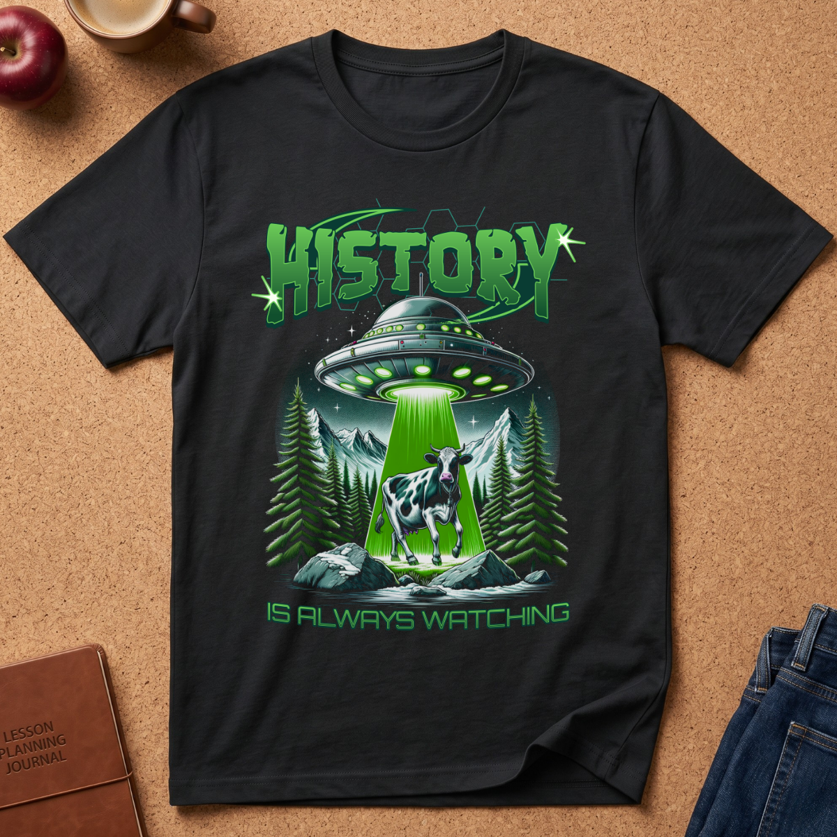 A Black graphic T-shirt with a UFO abducting a cow from a mountain valley, with a green li ht.  The text reads History is always watching.
