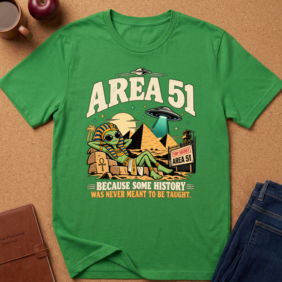 Irish Green  graphic t-shirt reads "area 51 because some History was never meant to be taught" With an alien wearing a pharoahs cloths, by the pyramids with a UFO
