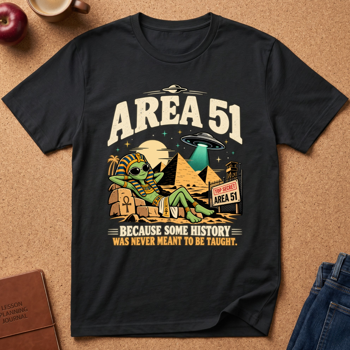 black  graphic t-shirt reads "area 51 because some History was never meant to be taught" With an alien wearing a pharoahs cloths, by the pyramids with a UFO