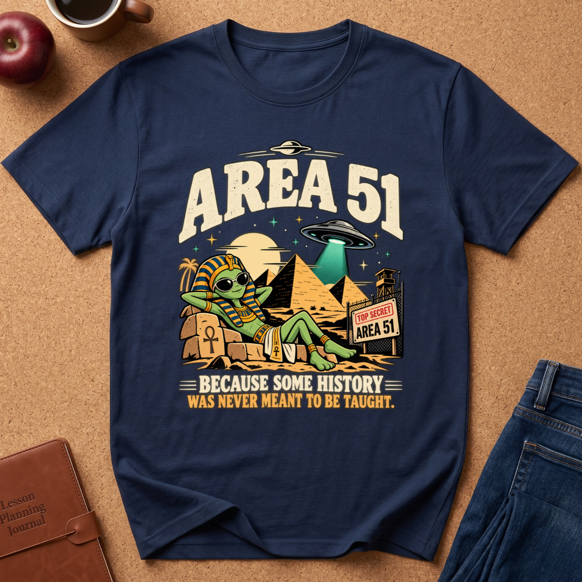 Navy Blue  graphic t-shirt reads "area 51 because some History was never meant to be taught" With an alien wearing a pharoahs cloths, by the pyramids with a UFO