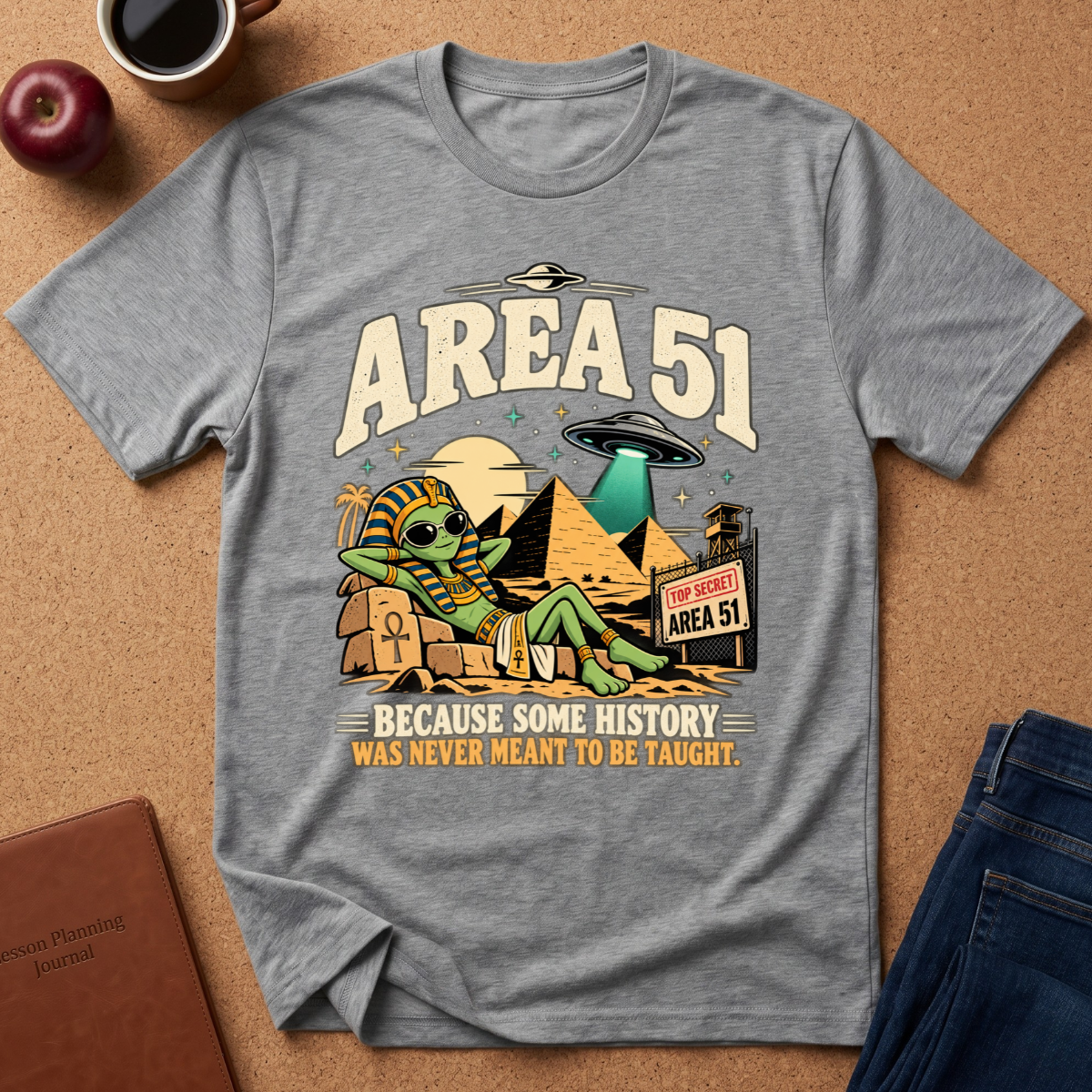 Sports grey  graphic t-shirt reads "area 51 because some History was never meant to be taught" With an alien wearing a pharoahs cloths, by the pyramids with a UFO
