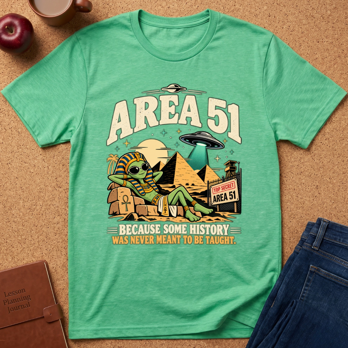 Heather green graphic t-shirt reads "area 51 because some History was never meant to be taught" With an alien wearing a pharoahs cloths, by the pyramids with a UFO