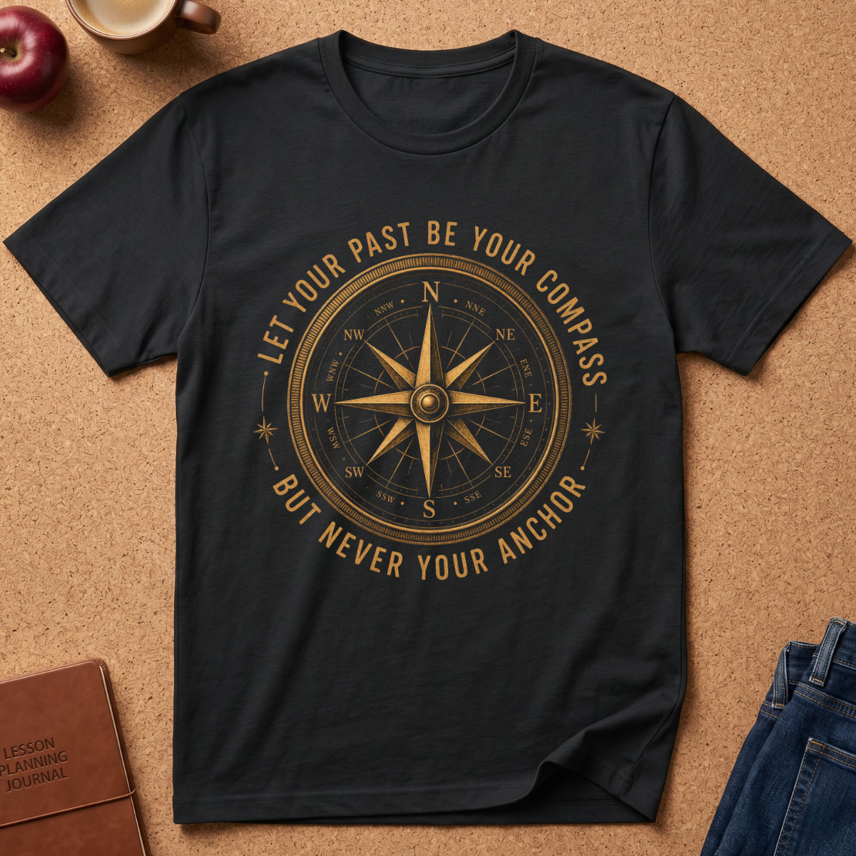 A black short-sleeve crewneck t-shirt with a gold compass graphic and the text 'LET YOUR PAST BE YOUR COMPASS BUT NEVER YOUR ANCHOR' laid flat on a brown cork background with lifestyle props.
