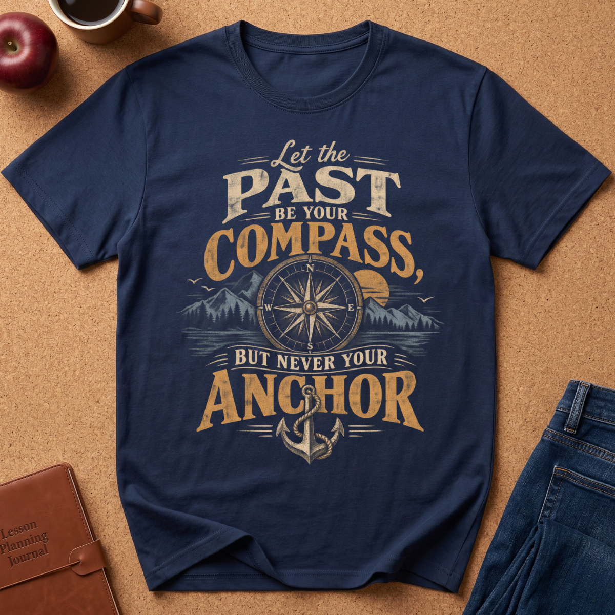 Navy Blue  graphic t-shirt laid flat on a cork background, featuring a vintage-style nautical design with the text 'LET THE PAST BE YOUR COMPASS BUT NEVER YOUR ANCHOR' and an anchor and compass motif. Styled flat-lay props include a brown leather journal, a red apple, a coffee mug, and blue jeans.

