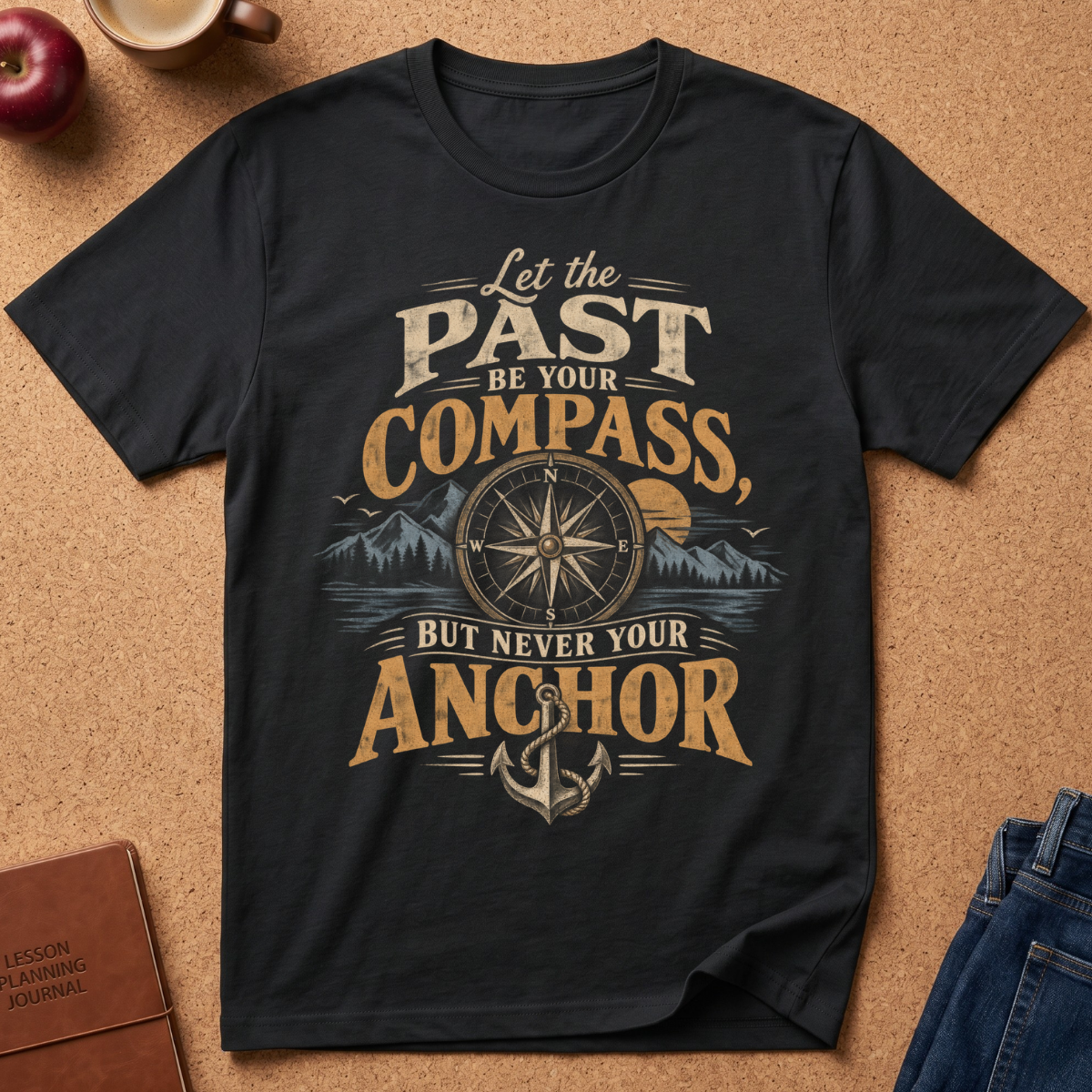 black  graphic t-shirt laid flat on a cork background, featuring a vintage-style nautical design with the text 'LET THE PAST BE YOUR COMPASS BUT NEVER YOUR ANCHOR' and an anchor and compass motif. Styled flat-lay props include a brown leather journal, a red apple, a coffee mug, and blue jeans.