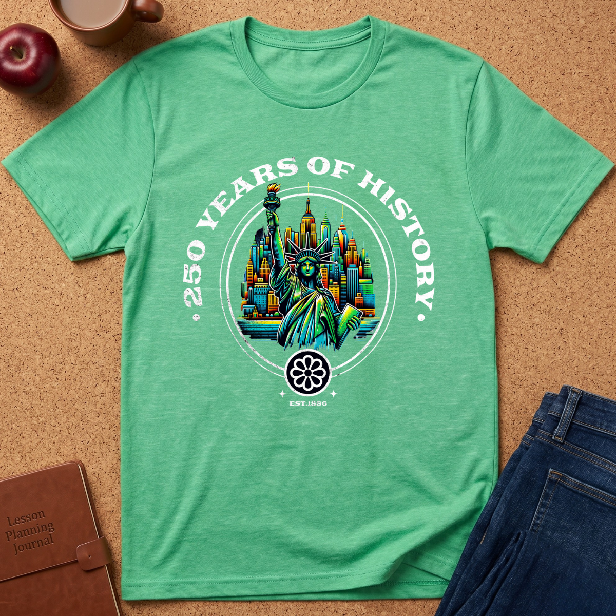A green graphic t-shirt laid flat on a cork background, featuring a colorful Statue of Liberty and New York City skyline design with the text '250 YEARS OF HISTORY'. Props like an apple, coffee cup, notebook, and jeans are visible around the shirt.