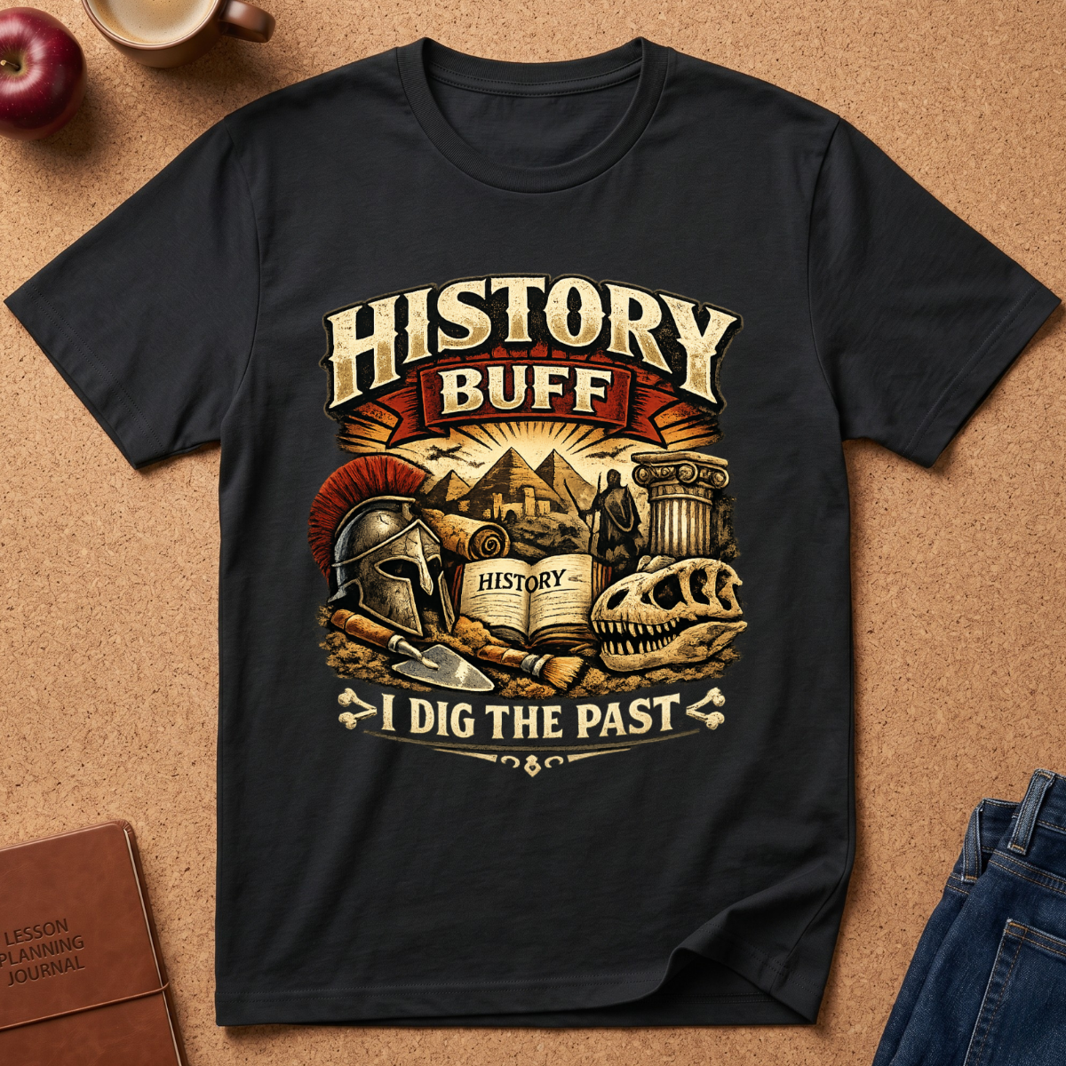 A black graphic t-shirt laid flat on a cork background, featuring a vintage-style illustration with the text 'HISTORY BUFF I DIG THE PAST' and imagery of a gladiator helmet, pyramid, scroll, and skull.