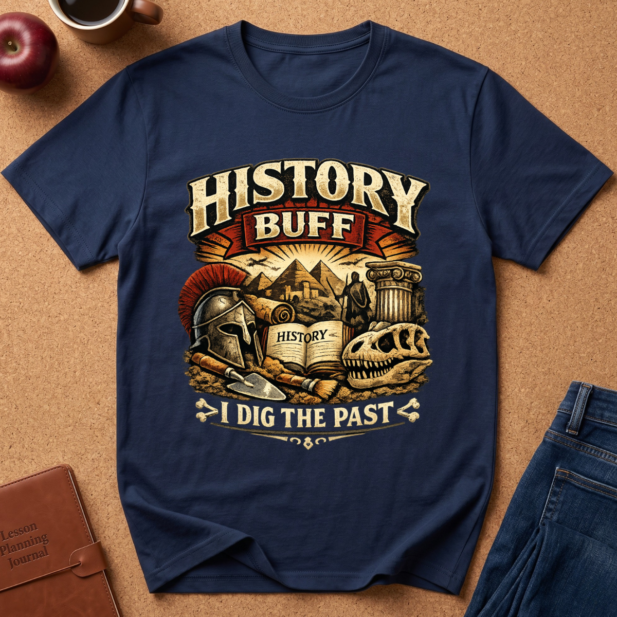 A navy blue graphic t-shirt laid flat on a corkboard background, surrounded by lifestyle props like an apple, a coffee mug, a journal, and jeans. The t-shirt features a vintage-style 'History Buff' graphic with a gladiator helmet, pyramid, and Roman column.