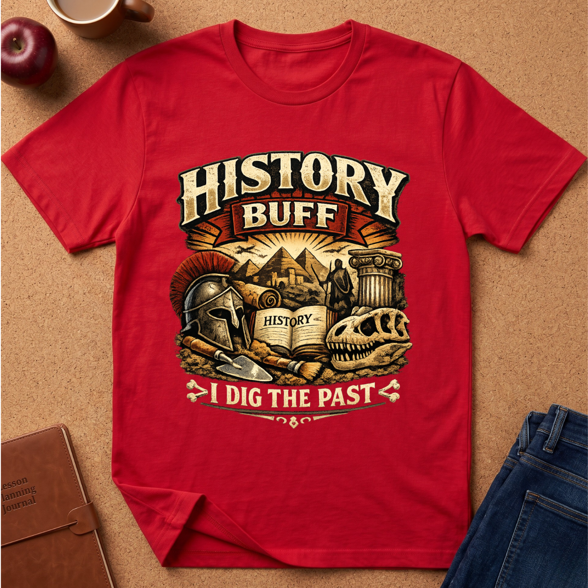 A red short-sleeve graphic T-shirt laid flat on a cork-like surface, surrounded by small props including an apple, a cup, a notebook, and blue jeans. The shirt features a large vintage-style print with the words “HISTORY BUFF” and “I DIG THE PAST,” plus illustrations of a gladiator helmet, scrolls, a column, a skull, and a pyramid.