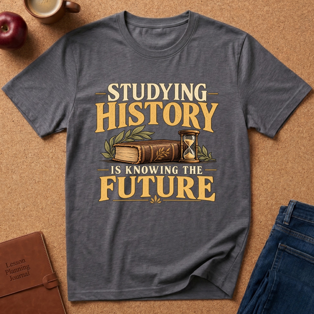 A dark gray heather graphic t-shirt laid flat on a cork background, surrounded by lifestyle props including an apple, a coffee cup, a leather journal, and blue jeans. The t-shirt features a vintage-style graphic with the text 'STUDYING HISTORY IS KNOWING THE FUTURE' in cream and yellow lettering, accompanied by an illustration of an old book and an hourglass.