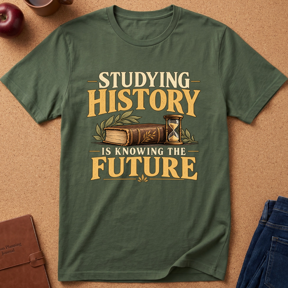 An olive green short-sleeve t-shirt with a vintage-style graphic reading 'STUDYING HISTORY IS KNOWING THE FUTURE' in yellow and white, featuring an illustration of an old book and an hourglass. The shirt is laid flat on a cork background with styled props including an apple, a cup, a brown notebook, and blue jeans.