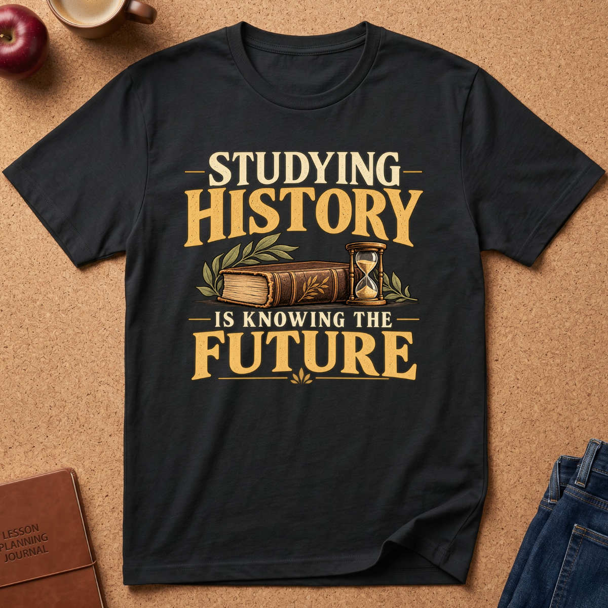 A black short-sleeve graphic T-shirt laid flat on a cork surface, featuring the phrase “STUDYING HISTORY IS KNOWING THE FUTURE” in cream and gold lettering with a book and hourglass illustration. Styled flat-lay props include an apple, a coffee cup, a journal, and blue jeans around the shirt.