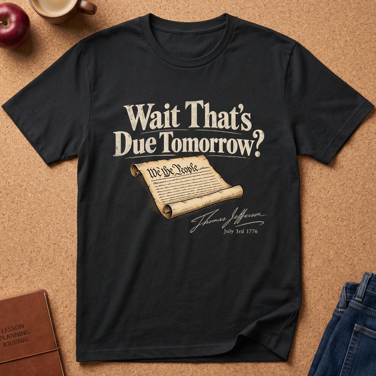A black graphic t-shirt laid flat on a cork background, featuring a scroll design with the text 'Wait That's Due Tomorrow?' and 'We the People' attributed to Thomas Jefferson. Styled flat-lay props include an apple, a coffee cup, a journal, and blue jeans.